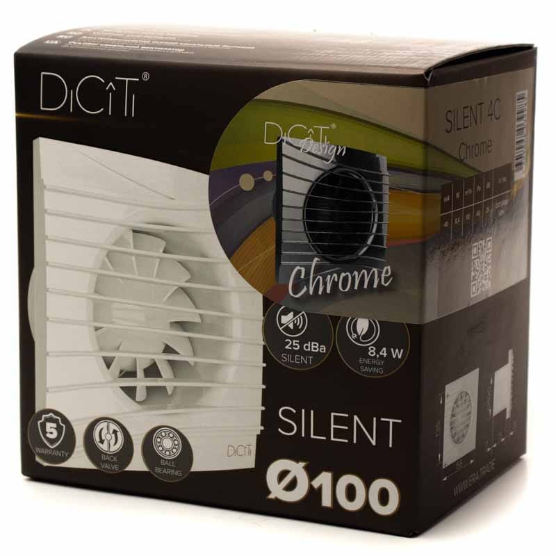 Ventilator baie SILENT 4C, Super Silent, Clapeta antiretur, Motor Long Life 40000h, Debit 90mc/h, Ø100mm, Chrome