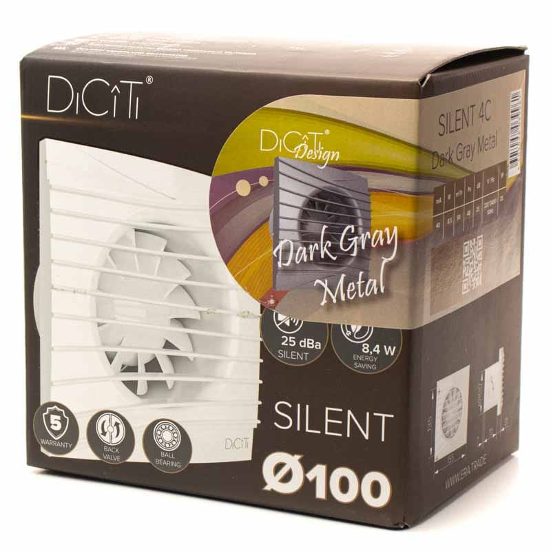 Ventilator baie SILENT 4C, Super Silent, Clapeta antiretur, Motor Long Life 40000h, Debit 90mc/h, Ø100mm, Dark Gray Metal