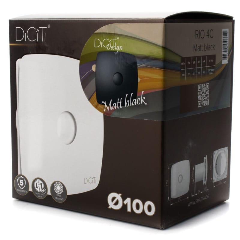 Ventilator de baie Rio 4C Matt Black Debit 100 m3/h, Diametru Ø98, Clapeta antiretur, Matt Black