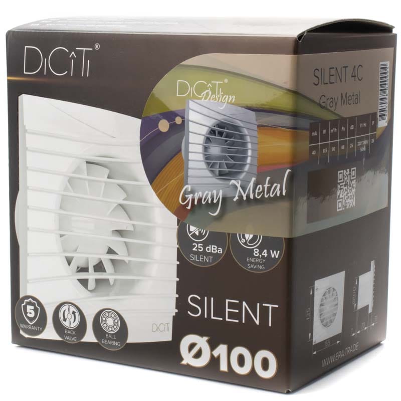 Ventilator baie SILENT 4C, Super Silent, Clapeta antiretur, Motor Long Life 40000h, Debit 90mc/h, Ø100mm, GRAY METAL