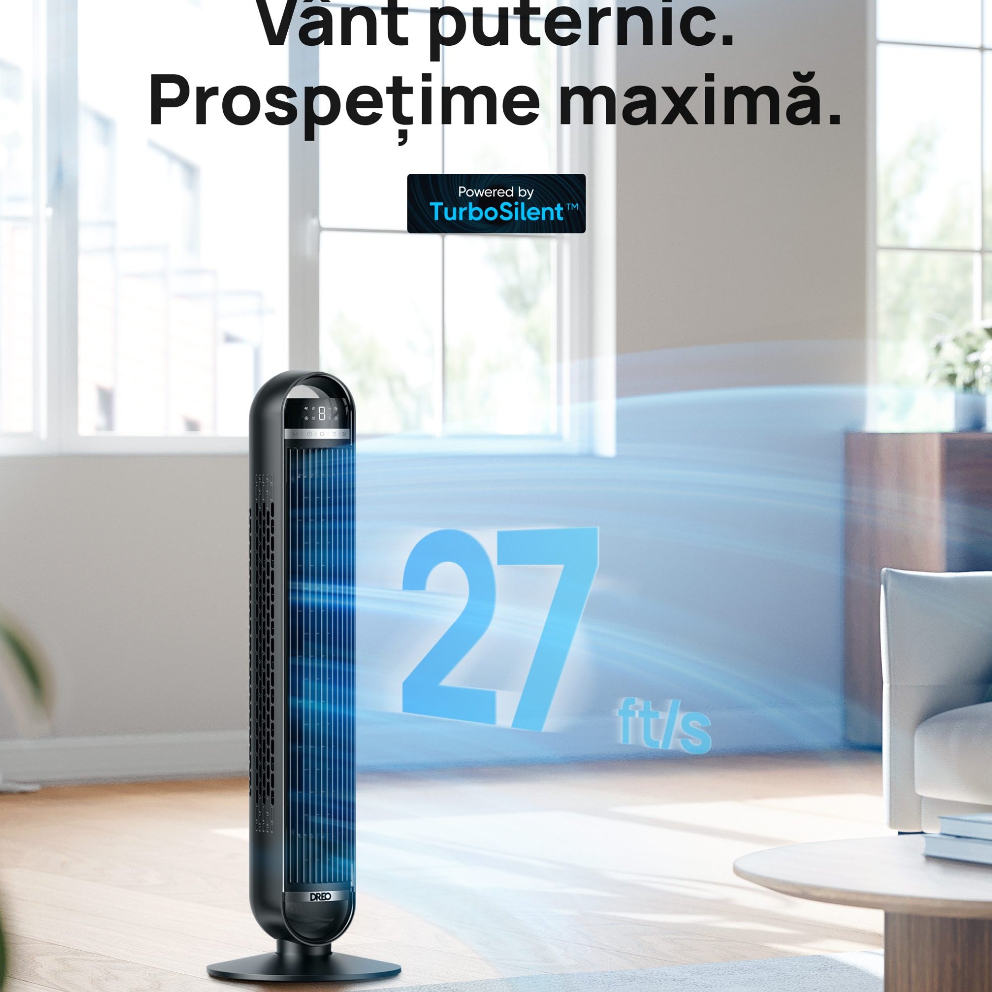 Ventilator Turn DREO Nomad DR-HTF014, 8 viteze, 4 functii, 92cm, oscilatie 90°, HyperSilent 25dB, telecomanda, negru
