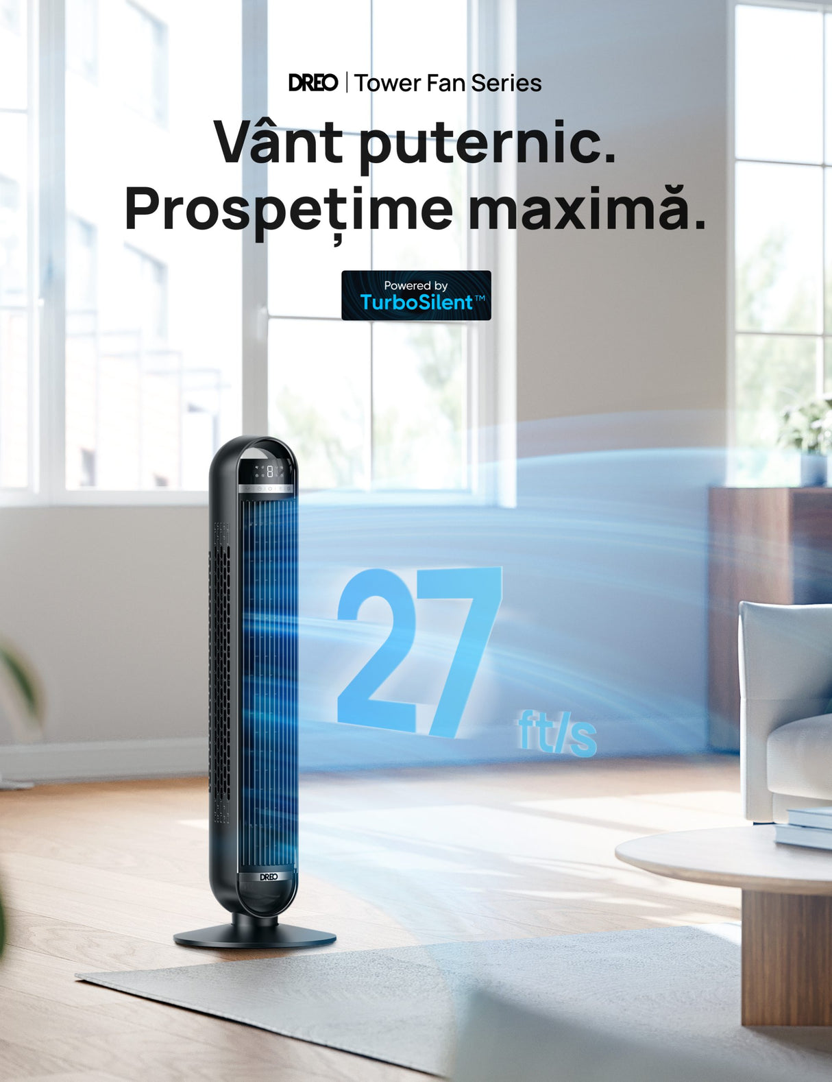 Ventilator Turn DREO Nomad DR-HTF014, 8 viteze, 4 functii, 92cm, oscilatie 90°, HyperSilent 25dB, telecomanda, negru