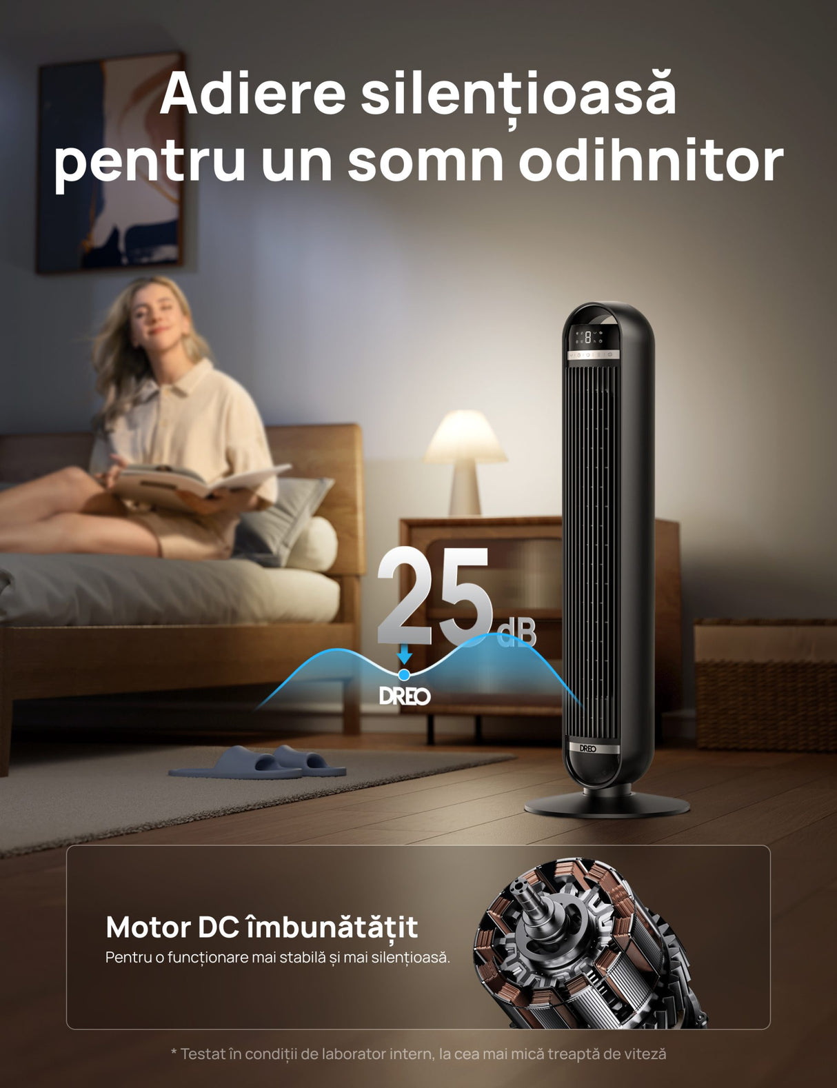 Ventilator Turn DREO Nomad DR-HTF014, 8 viteze, 4 functii, 92cm, oscilatie 90°, HyperSilent 25dB, telecomanda, negru