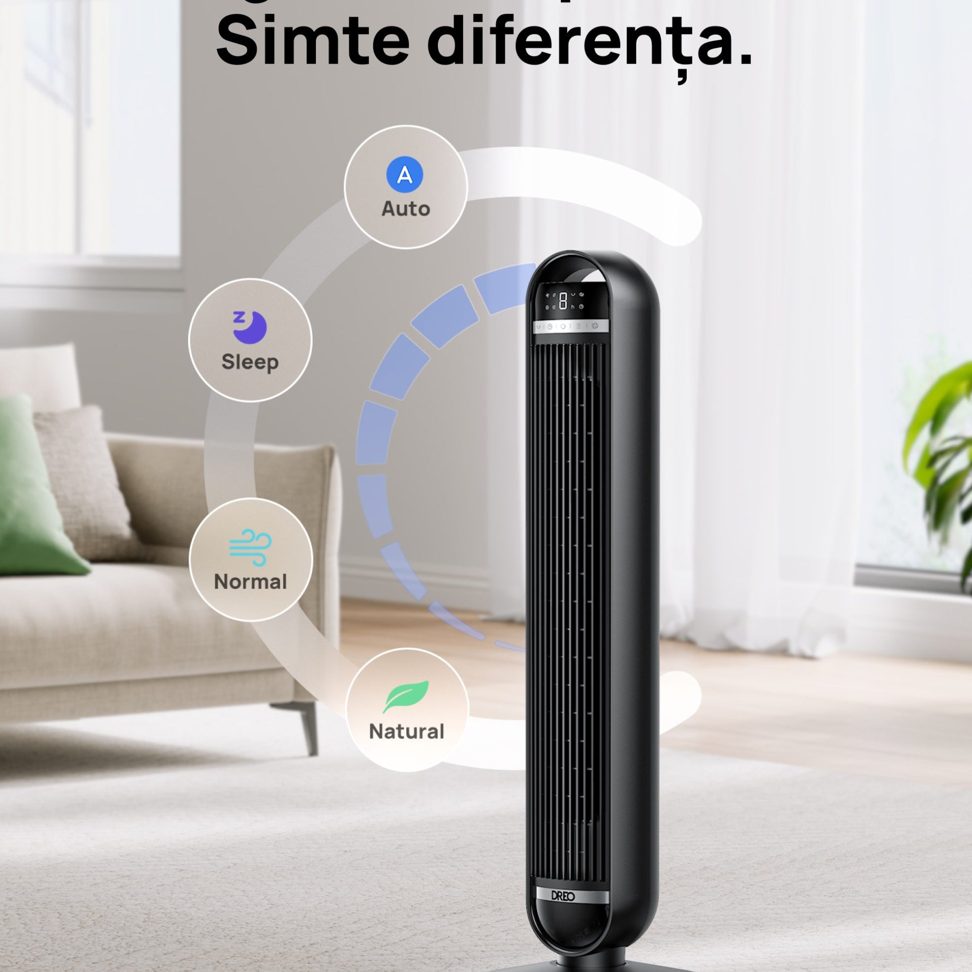 Ventilator Turn DREO Nomad DR-HTF014, 8 viteze, 4 functii, 92cm, oscilatie 90°, HyperSilent 25dB, telecomanda, negru