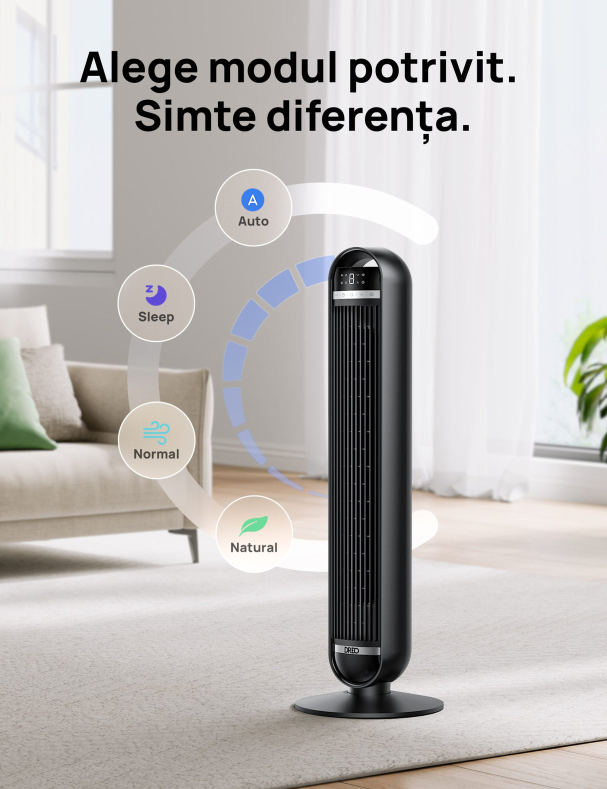 Resigilat! Ventilator Turn DREO Nomad DR-HTF014, 8 viteze, 4 functii, 92cm, oscilatie 90°, HyperSilent 25dB, telecomanda, negru