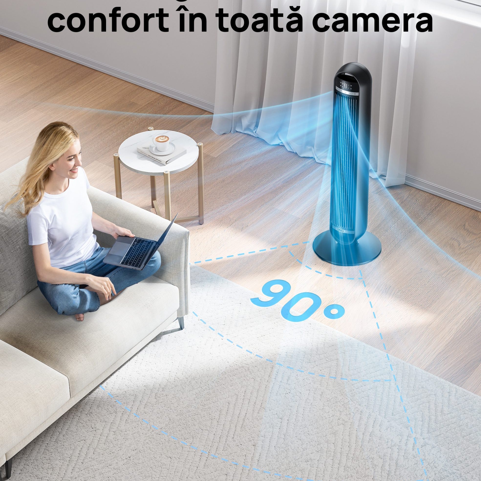 Ventilator Turn DREO Nomad DR-HTF014, 8 viteze, 4 functii, 92cm, oscilatie 90°, HyperSilent 25dB, telecomanda, negru