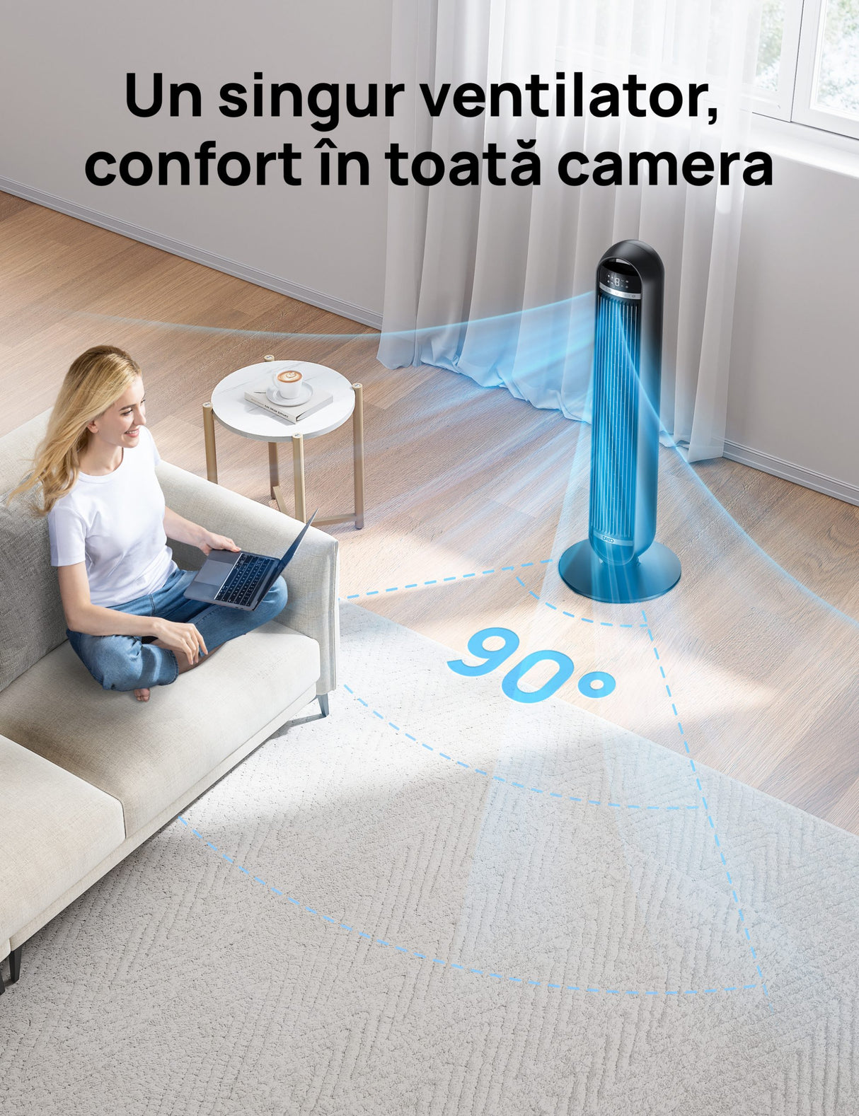 Ventilator Turn DREO Nomad DR-HTF014, 8 viteze, 4 functii, 92cm, oscilatie 90°, HyperSilent 25dB, telecomanda, negru