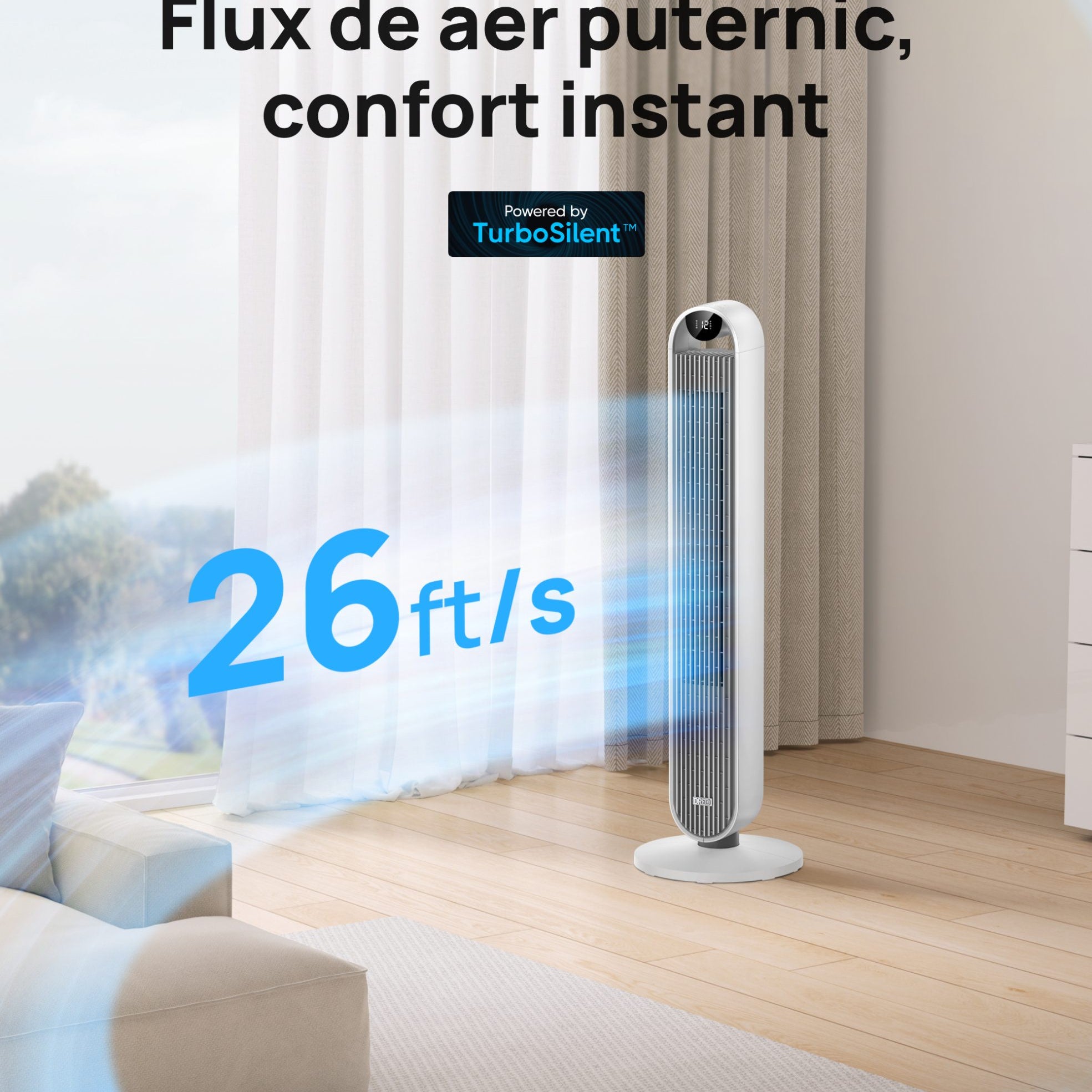 Ventilator Turn Smart DREO Pilot Max S DR-HTF004S, 12 viteze, 4 functii,108cm, HyperSilent 25dB, oscilatie 120°, telecomanda, alb