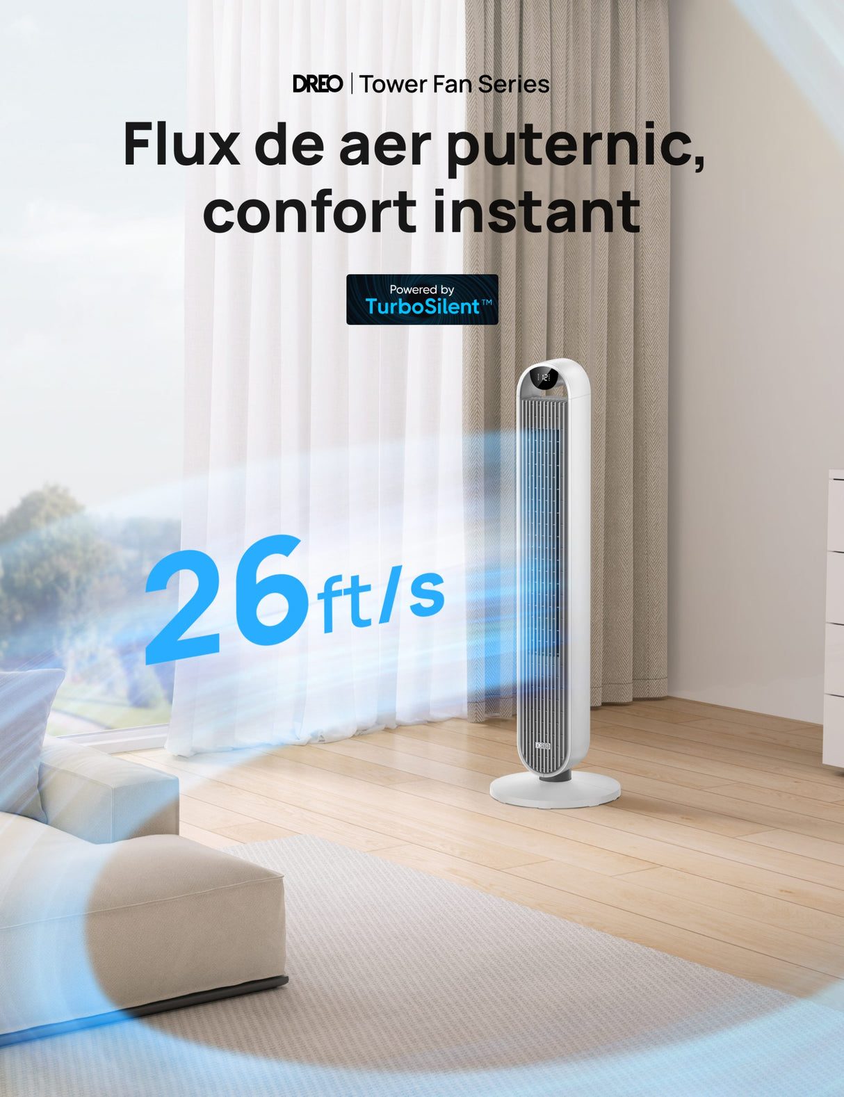 Ventilator Turn Smart DREO Pilot Max S DR-HTF004S, 12 viteze, 4 functii,108cm, HyperSilent 25dB, oscilatie 120°, telecomanda, alb