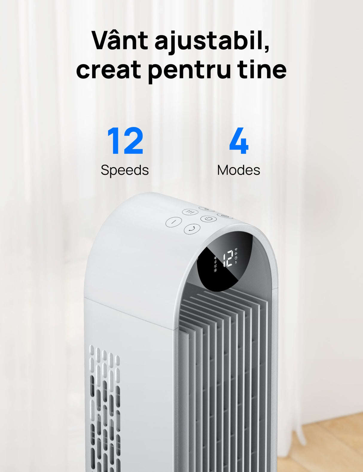 Ventilator Turn Smart DREO Pilot Max S DR-HTF004S, 12 viteze, 4 functii,108cm, HyperSilent 25dB, oscilatie 120°, telecomanda, alb