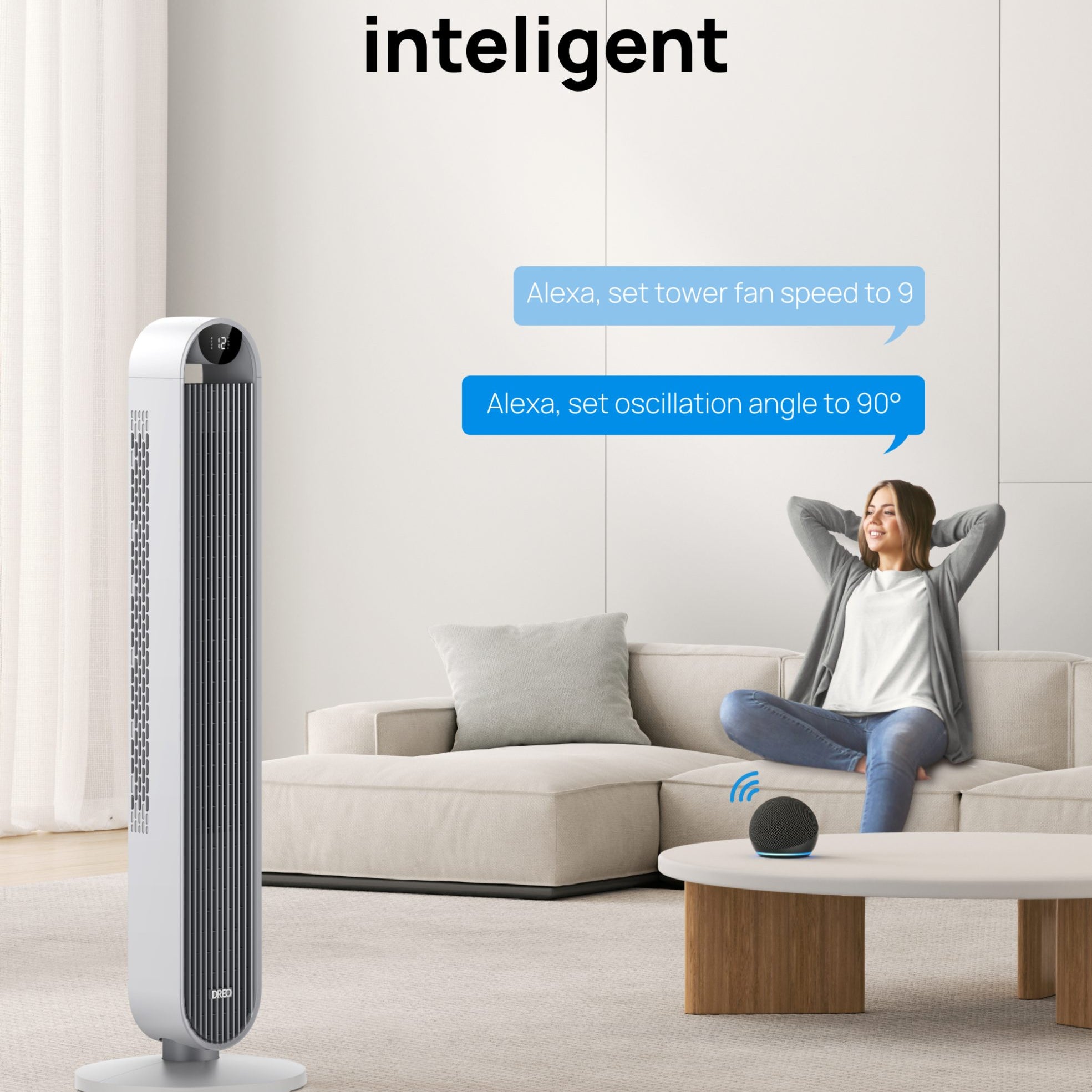 Ventilator Turn Smart DREO Pilot Max S DR-HTF004S, 12 viteze, 4 functii,108cm, HyperSilent 25dB, oscilatie 120°, telecomanda, alb