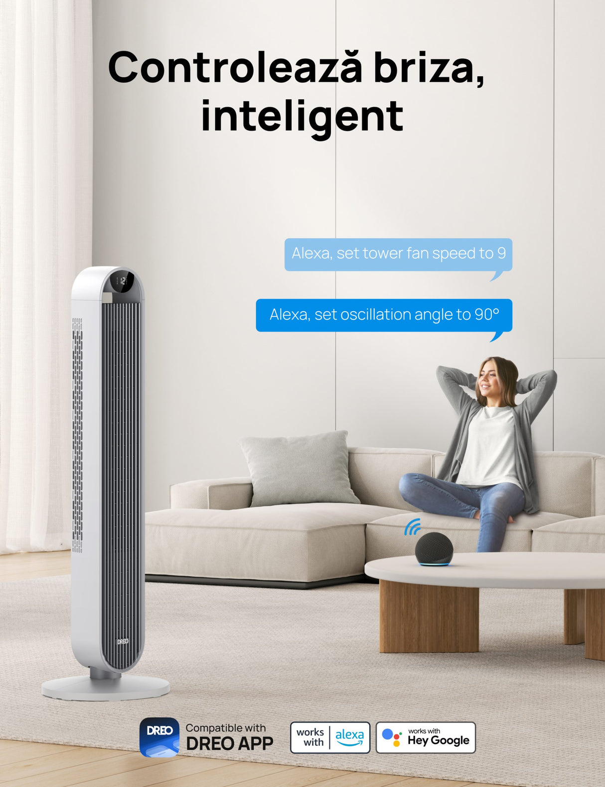 Ventilator Turn Smart DREO Pilot Max S DR-HTF004S, 12 viteze, 4 functii,108cm, HyperSilent 25dB, oscilatie 120°, telecomanda, alb