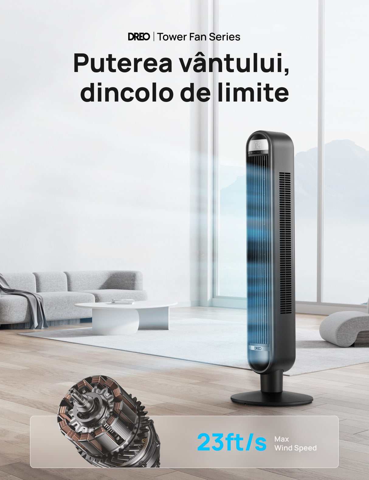 Ventilator Turn DREO Cruiser DR-HTF019, 6 viteze, 4 functii,106cm, HyperSilent 30dB, oscilatie 90°,telecomanda, negru