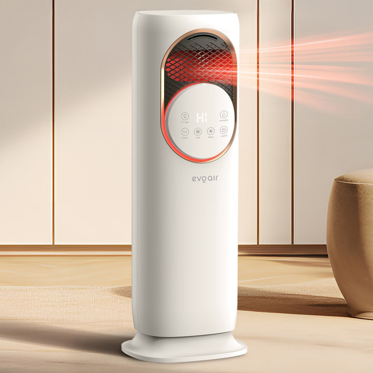 Ventilator turn 4 in 1 Evoair BRIIS GOLD, Functie Incalzire, Racire, Umidificare, Sterilizare UV, Telecomanda, 5 viteze, Pastile Racire 2+2 Cadou, Rezervor 3.15l Alb&Auriu