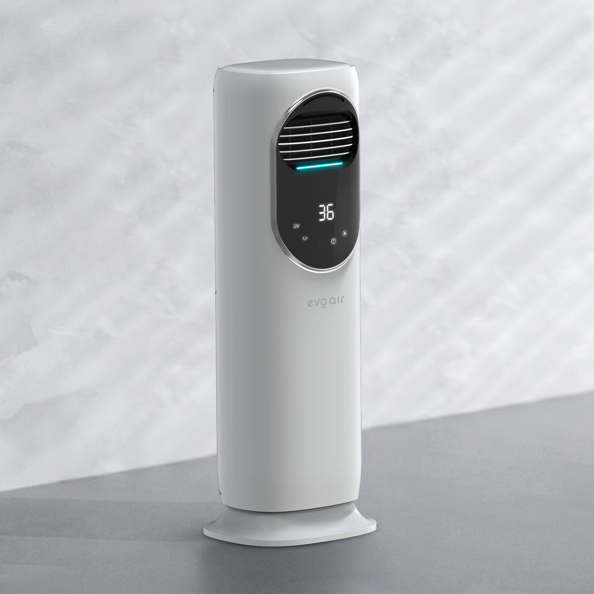 Ventilator turn 4 in 1 Evoair BRIIS SILVER, Functie Incalzire, Racire, Umidificare, Sterilizare UV, Telecomanda, 5 viteze, Pastile Racire 2+2 Cadou, Rezervor 3.15l Alb&Argintiu