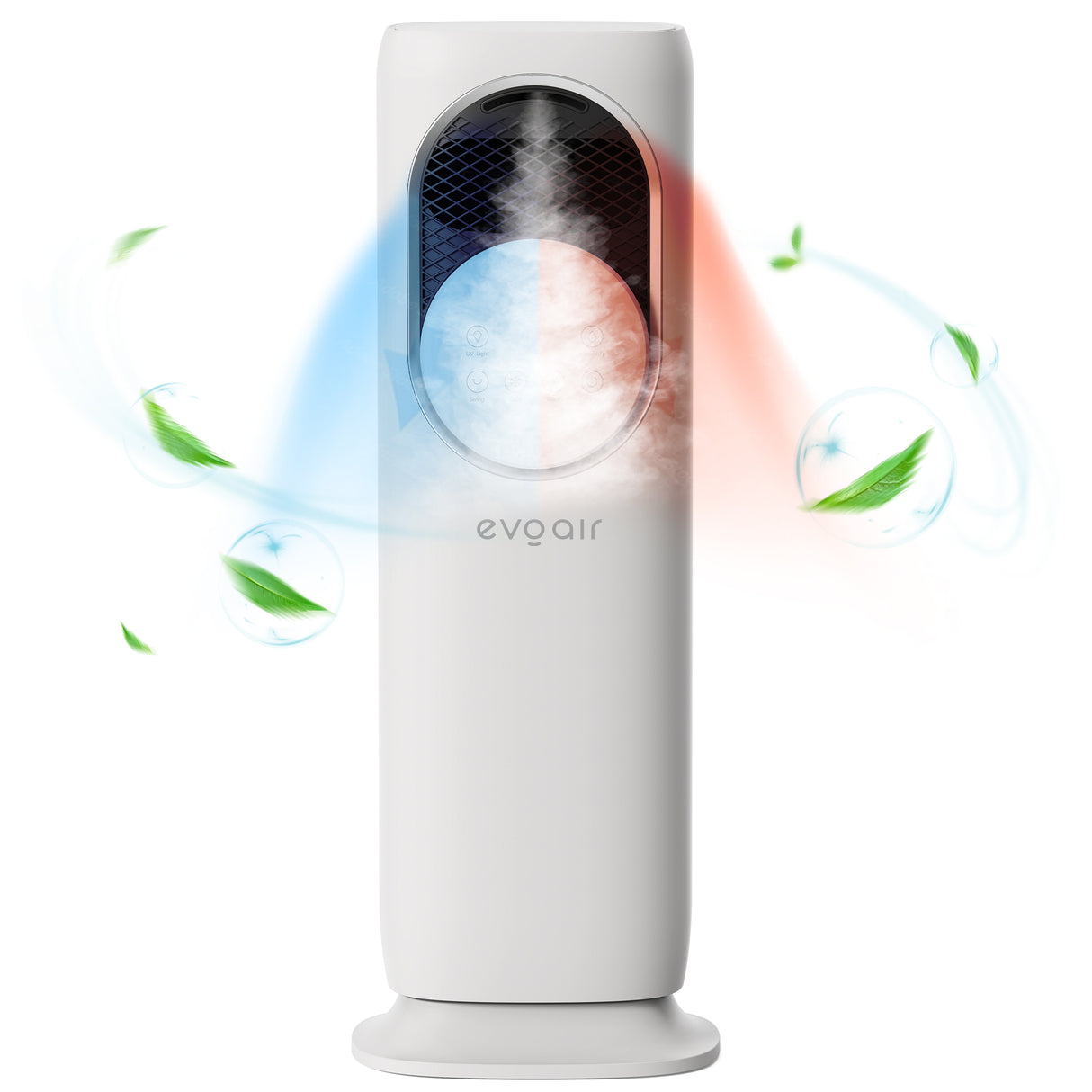 Ventilator turn 4 in 1 Evoair BRIIS SILVER, Aerotermă, Răcitor, Umidificator, Sterilizator UV, Telecomanda, 2 viteze Încălzire, 3 viteze Răcire, Pastile Racire 2+2 Cadou, Rezervor 3.15l Alb/Argintiu