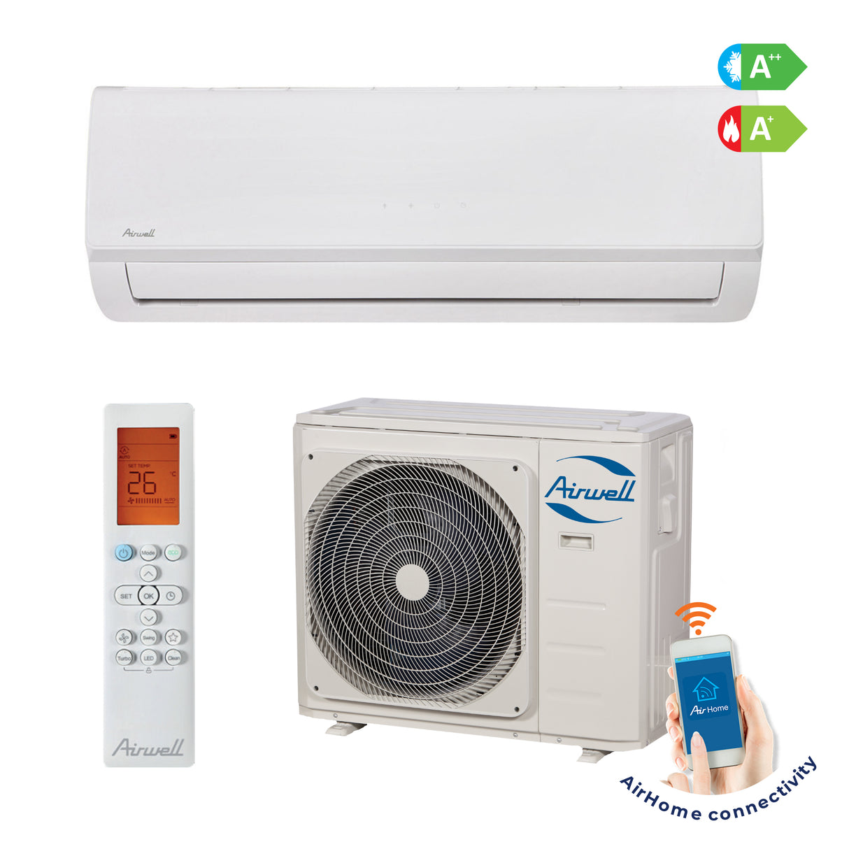 Aer Conditionat Airwell, Aura HDLA25, Smart Inverter 9000 BTU, A++/A+, Functie Incalzire, Wi-Fi, Night Mode, I Feel, Alb