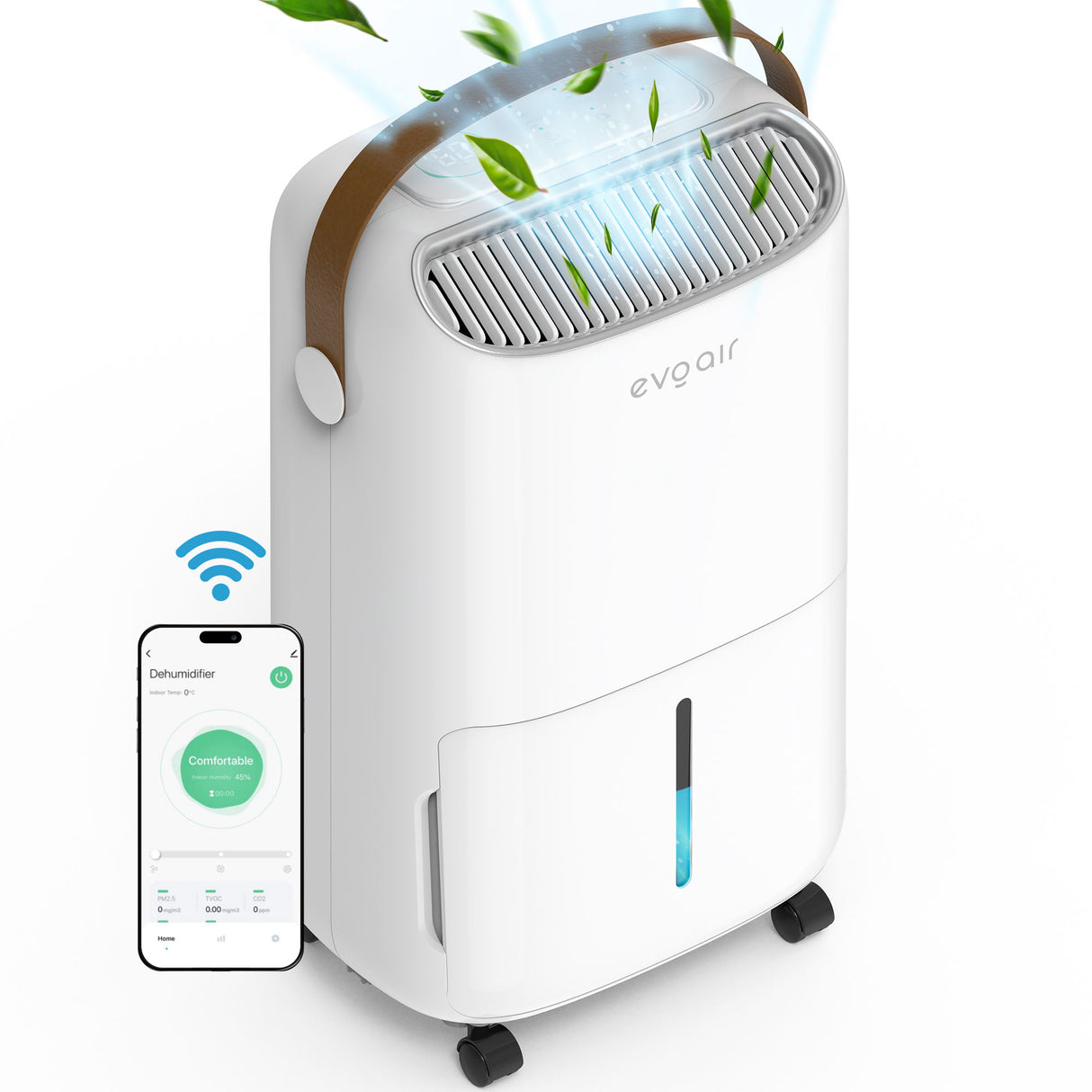 Dezumidificator Evoair, NovaDry 12 Smart, 12l/24h, Senzor de Umiditate, Functie Ionizare, Uscare Rufe, Rezervor 2.5l, Lampa UVC, Alb, Curea Maro