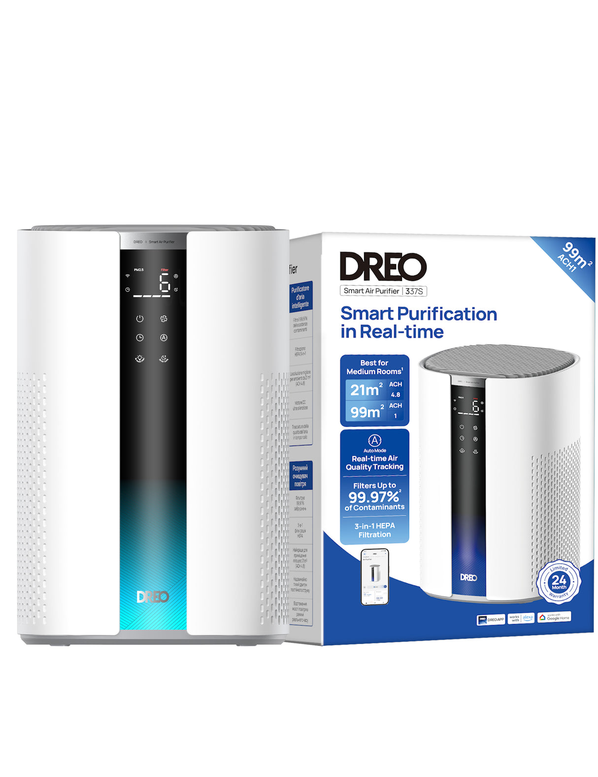 Purificator aer Dreo 337S Smart, Wifi, 243 m³/h, Filtru 3 in 1 H 13 True HEPA, Senzor calitate aer, 4 trepte de viteza, Mod Turbo, Mod Auto, Mod de noapte, Lumină ambientală, Până la 99 m³, Alb