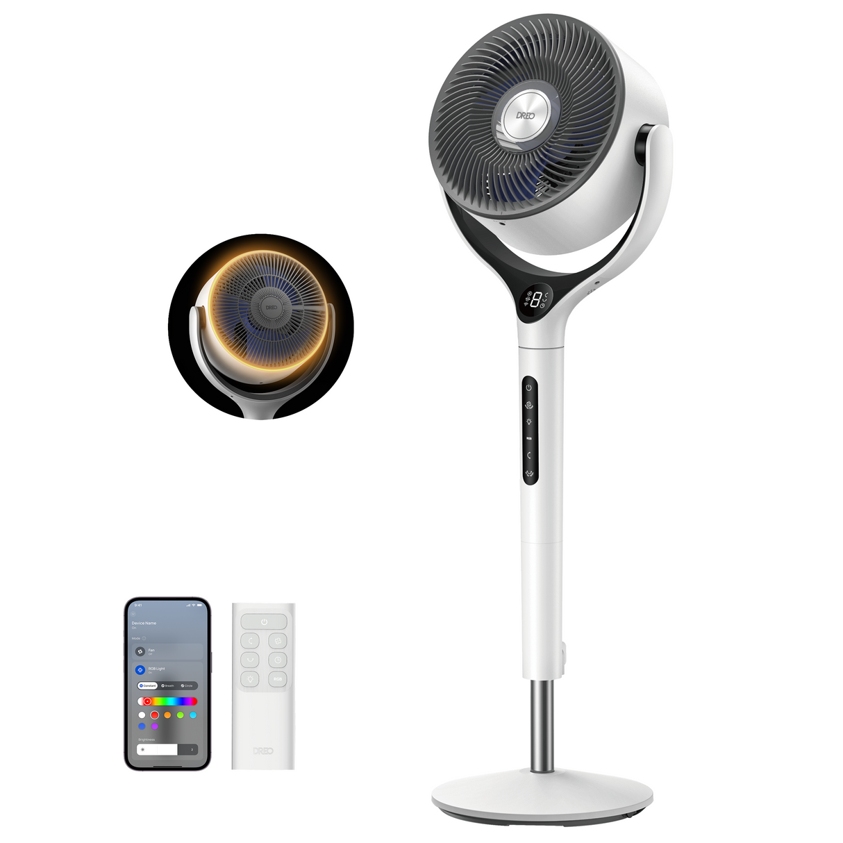 Ventilator Circular Smart Dreo DR-HPF025S, Telecomandă, 9 Viteze, 4 Moduri Funcționare, Oscilație Verticală și Orizontală pana la 120°, Timer, Control WiFi, Display LED, Alb