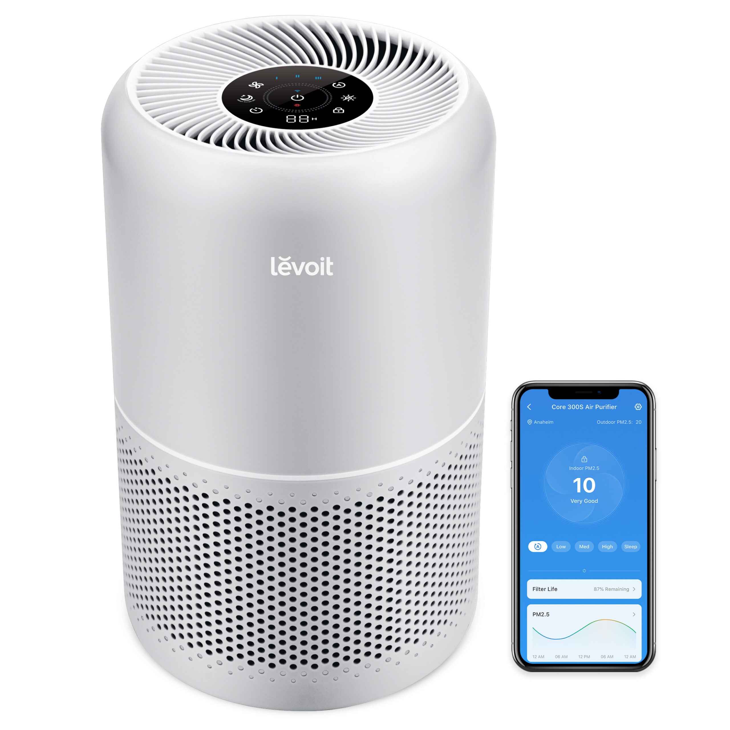 Purificator de aer Smart Levoit Core 300S Plus Wi-Fi, Filtru 3 in 1 True HEPA, Carbon Activ, Senzor Calitate Aer, Mod Auto, Alexa, Google Home, Panou Comanda Touch Screen, Control Remote, Gri + un filtru in plus