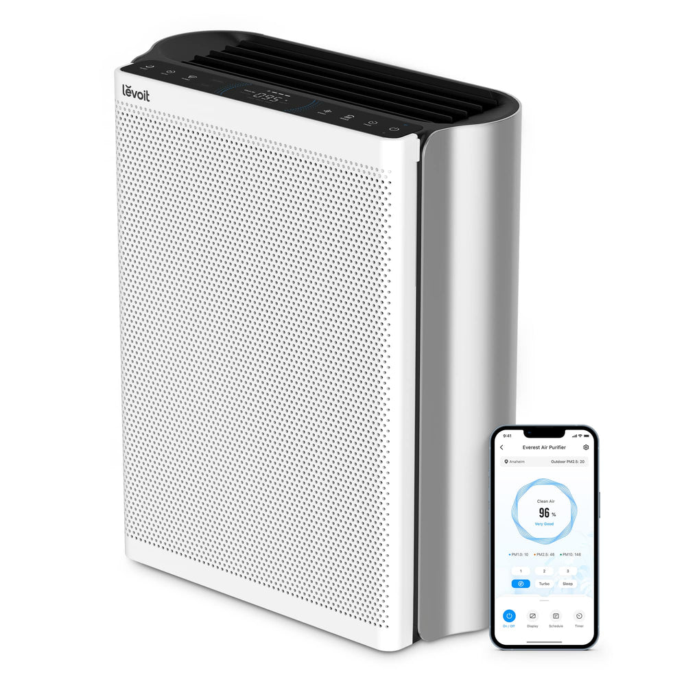 Purificator de aer Smart Levoit EverestAir Wi-Fi, Filtru True HEPA, Carbon Activ, Acoperire până la 100 m², Flux de Aer Multidirecțional, Mod Auto, Compatibil Alexa & Google Home, Touch Screen, Gri