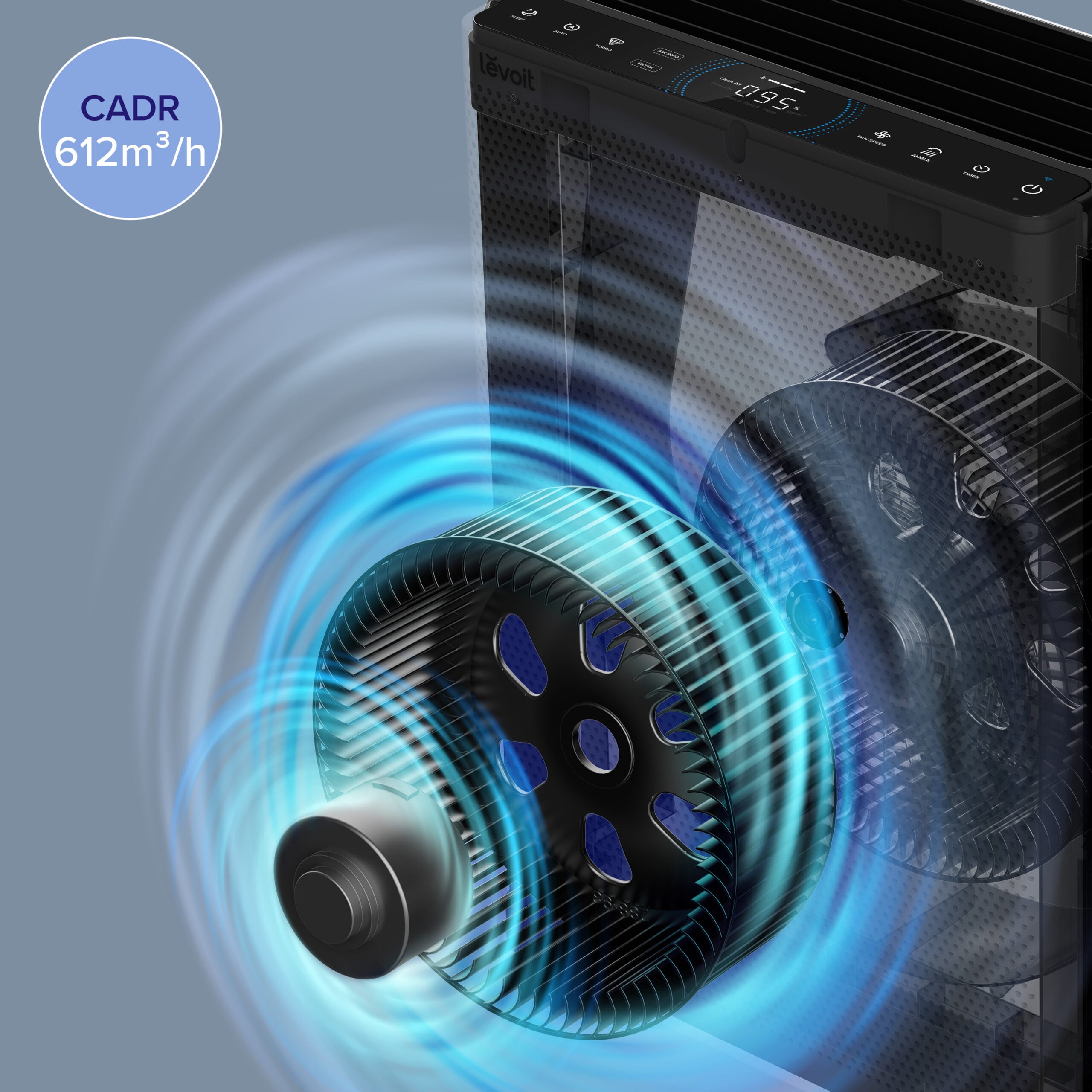 Purificator de aer Smart Levoit EverestAir Wi-Fi, Filtru True HEPA, Carbon Activ, Acoperire până la 100 m², Flux de Aer Multidirecțional, Mod Auto, Compatibil Alexa & Google Home, Touch Screen, Gri