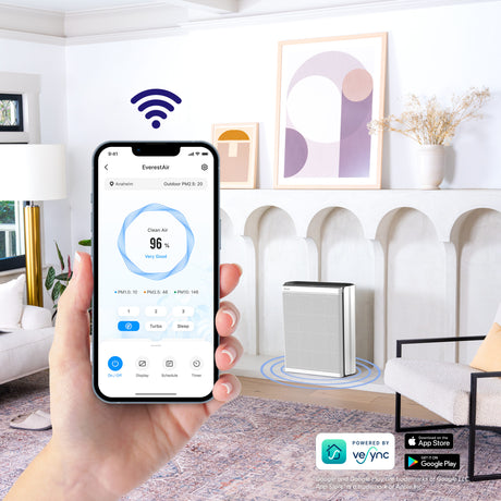 Purificator de aer Smart Levoit EverestAir Wi-Fi, Filtru True HEPA, Carbon Activ, Acoperire până la 100 m², Flux de Aer Multidirecțional, Mod Auto, Compatibil Alexa & Google Home, Touch Screen, Gri