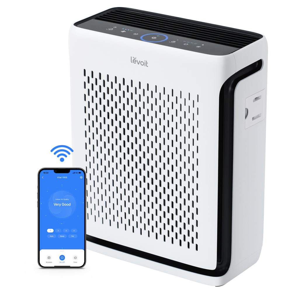 Purificator de aer Smart Levoit Vital 100S Wi-Fi, Filtru True HEPA, Carbon Activ, Acoperire până la 52 m², Nivel Zgomot 23 dB, Senzor Calitate Aer, Mod Noapte, Alb