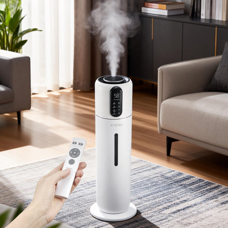 Umidificator Evoair STEAMIX8500 Smart, Wifi, Rezervor 8.5L, Capacitate de umidificare 300ml/h, Senzor umiditate, Mod Auto, Autonomie 28 ore, Lampă UVA, Aromaterapie, Indicator umiditate și temperatură, Telecomandă, Alb