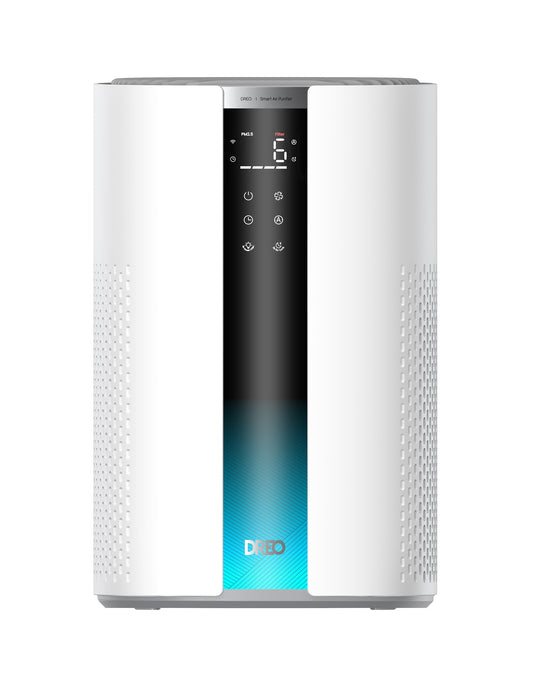 Resigilat! Purificator aer Dreo 337S Smart, Wifi, 243 m³/h, Filtru 3 in 1 H 13 True HEPA, Senzor calitate aer, 4 trepte de viteză, Mod Turbo, Mod Auto, Mod de noapte, Lumină ambientală, Până la 99 m³, Alb