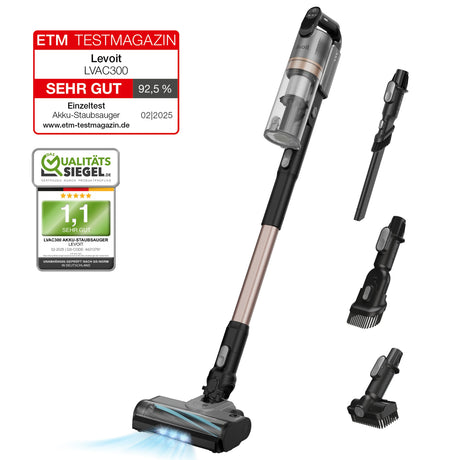 Aspirator vertical fără fir Levoit 300 PLUS, Autonomie 60 min, 240W, Filtrare 99.99%, Filtru HEPA 5 Stadii, Recipient praf 0.75L, Negru&Argintiu