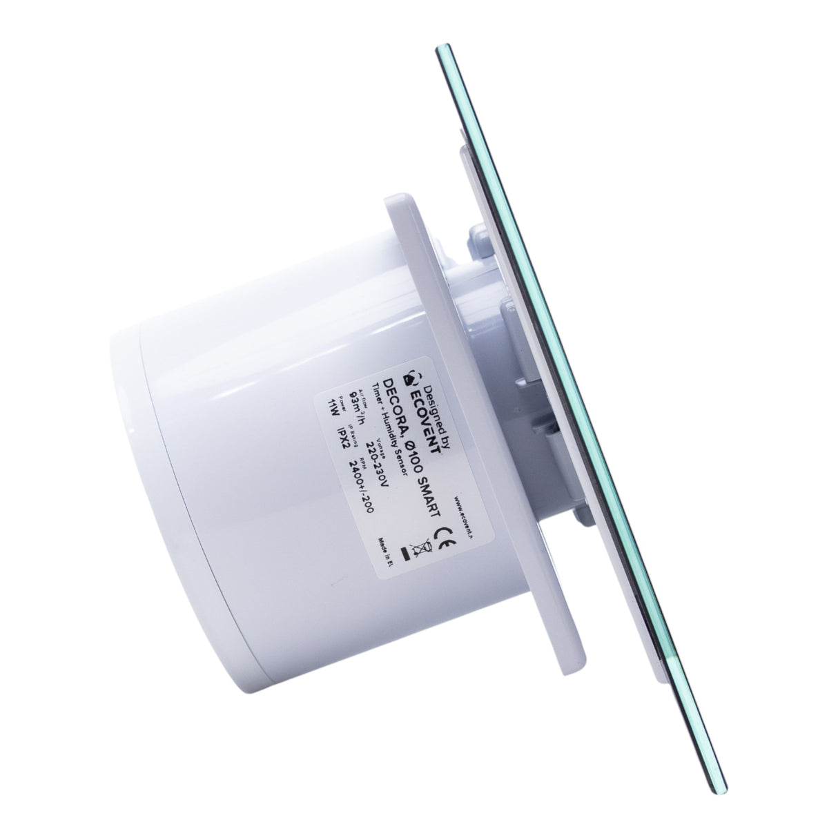 Ventilator de baie Ecovent DECORA SMART, Ø100, Super Silent, Senzor Umiditate, Timer, Panou sticlă, Clapetă antiretur, Debit 93 m3/h, Garanție 5 ani, Negru Mat