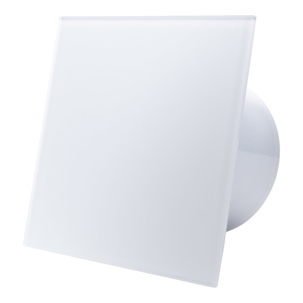 Ventilator de baie Ecovent DECORA SMART, Ø125, Super Silent, Senzor Umiditate, Timer, Panou sticlă, Clapetă antiretur, Debit 140 m3/h, Garanție 5 ani, Alb