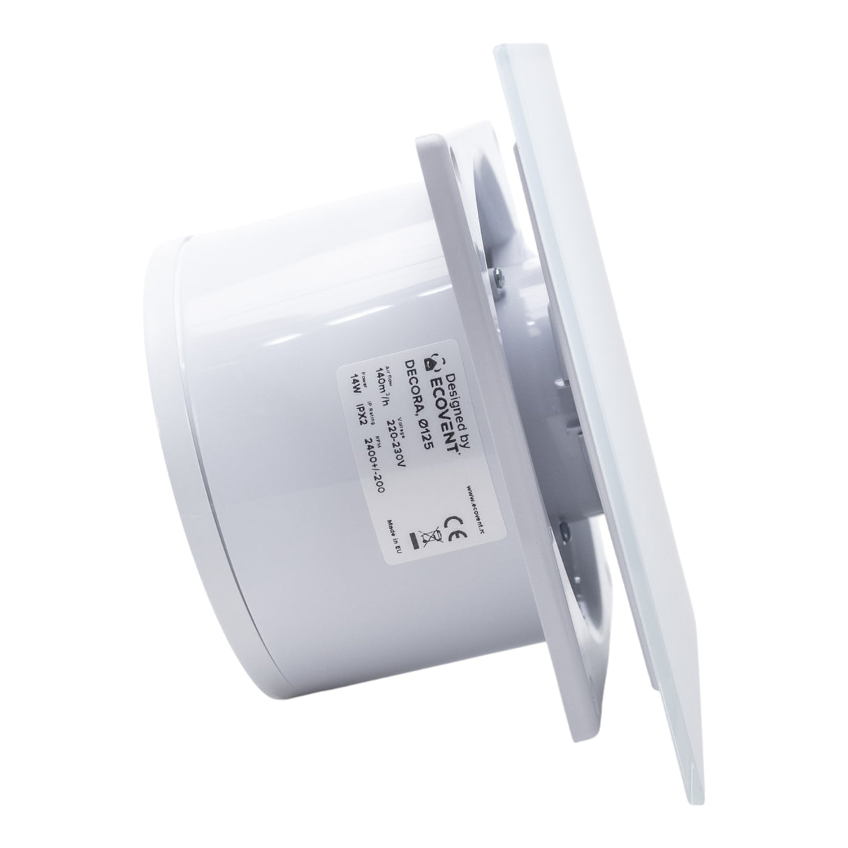 Ventilator de baie Ecovent DECORA SMART, Ø125, Super Silent, Senzor Umiditate, Timer, Panou sticlă, Clapetă antiretur, Debit 140 m3/h, Garanție 5 ani, Alb