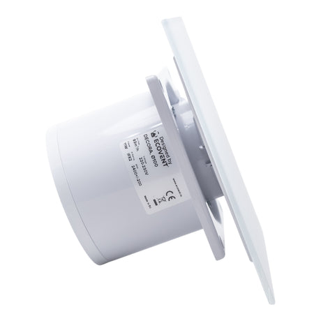 Ventilator de baie Ecovent DECORA SMART, Ø100, Super Silent, Senzor Umiditate, Timer, Panou sticlă, Clapetă antiretur, Debit 93 m3/h, Garanție 5 ani, Alb