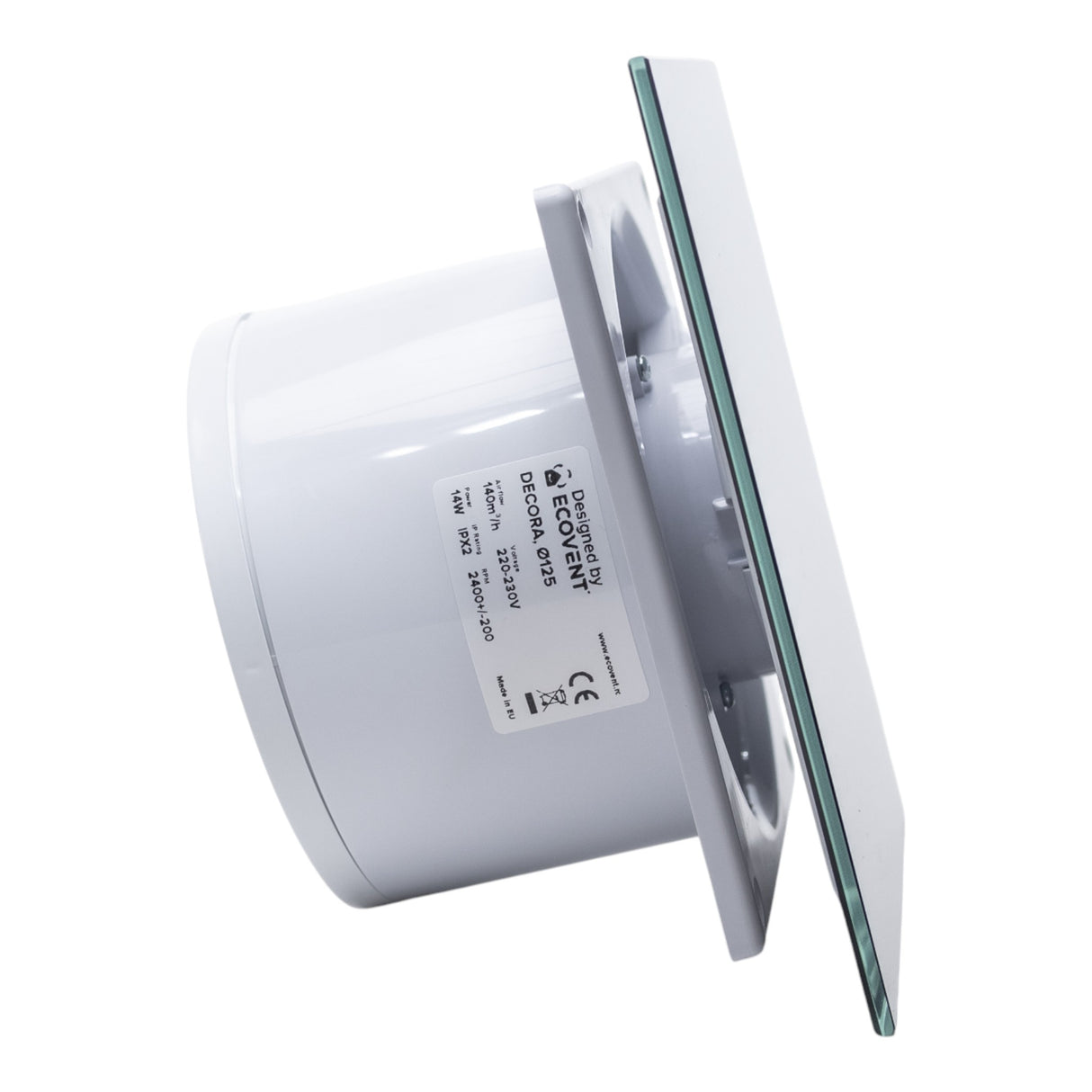 Ventilator de baie Ecovent DECORA SMART, Ø125, Super Silent, Senzor Umiditate, Timer, Panou sticlă, Clapetă antiretur, Debit 140 m3/h, Garanție 5 ani, Negru