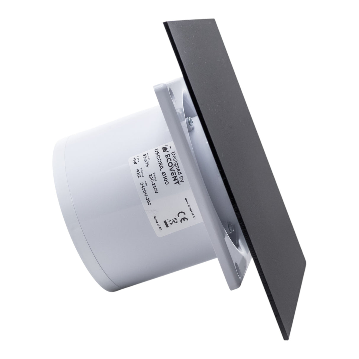 Ventilator de baie Ecovent DECORA, Ø100, Super Silent, Panou Plexiglas schimbabil, Clapeta antiretur, Debit 93 m3/h, Garanție 5 ani, Negru Mat