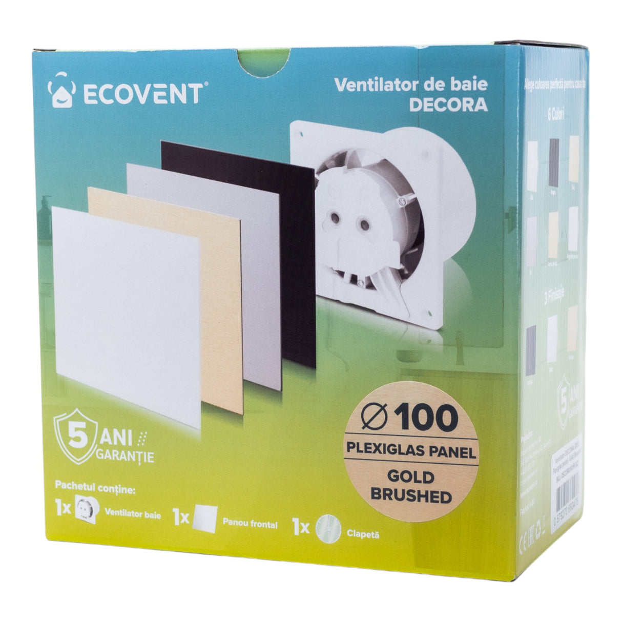 Ventilator de baie Ecovent DECORA, Ø100, Super Silent, Panou Plexiglas schimbabil, Clapeta antiretur, Debit 93 m3/h, Garanție 5 ani, Auriu Satinat