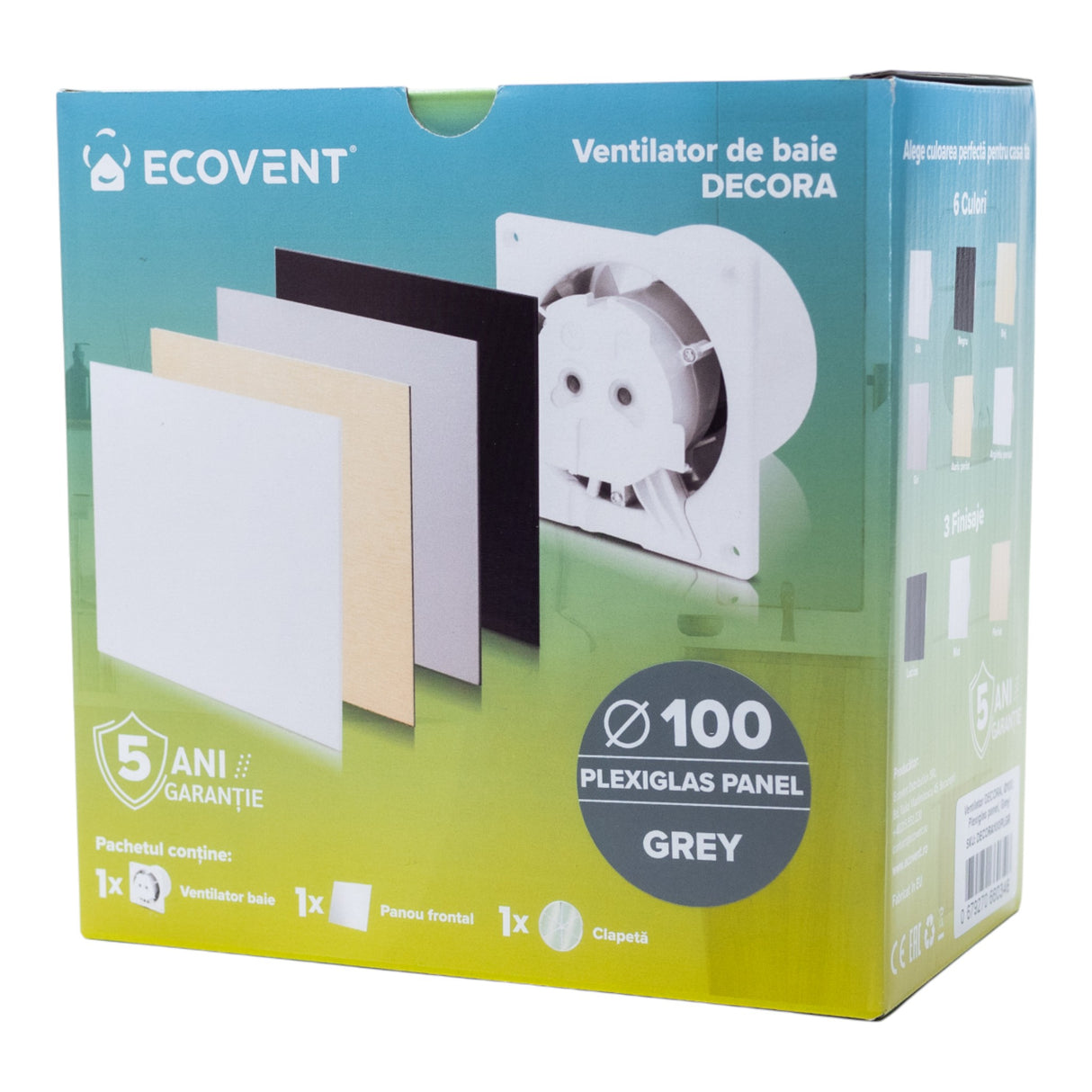 Ventilator de baie Ecovent DECORA, Ø100, Super Silent, Panou Plexiglas schimbabil, Clapeta antiretur, Debit 93 m3/h, Garanție 5 ani, Gri