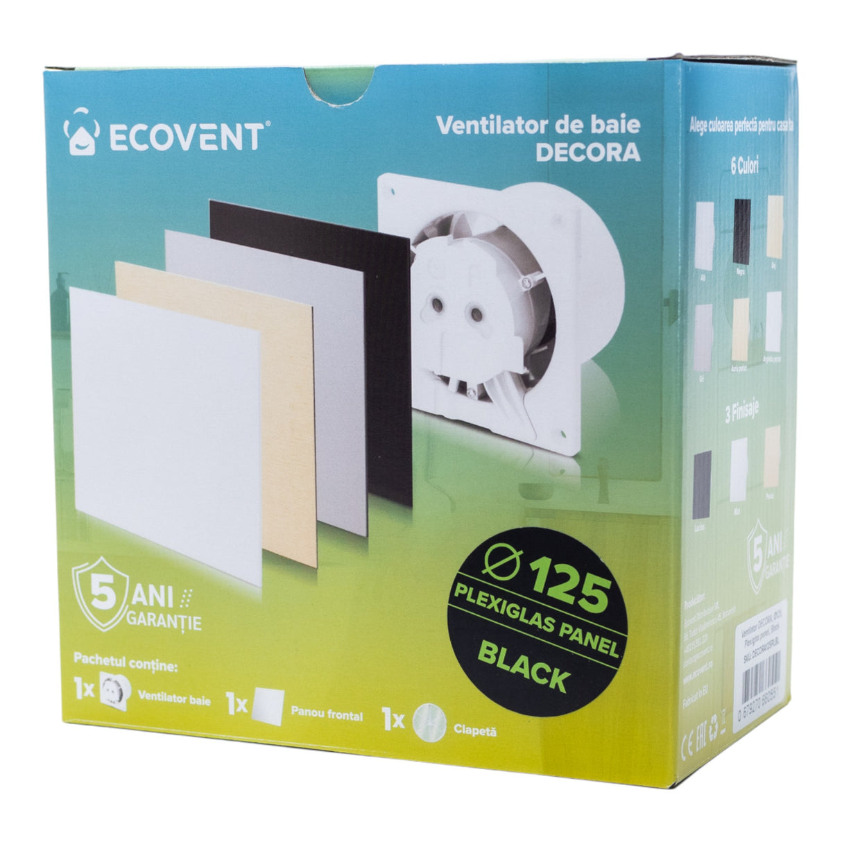 Ventilator de baie Ecovent DECORA, Ø125, Super Silent, Panou Plexiglas schimbabil, Clapetă antiretur, Debit 140 m3/h, Garanție 5 ani, Negru Mat