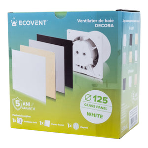 Ventilator de baie Ecovent DECORA SMART, Ø125, Super Silent, Senzor Umiditate, Timer, Panou sticlă, Clapetă antiretur, Debit 140 m3/h, Garanție 5 ani, Alb