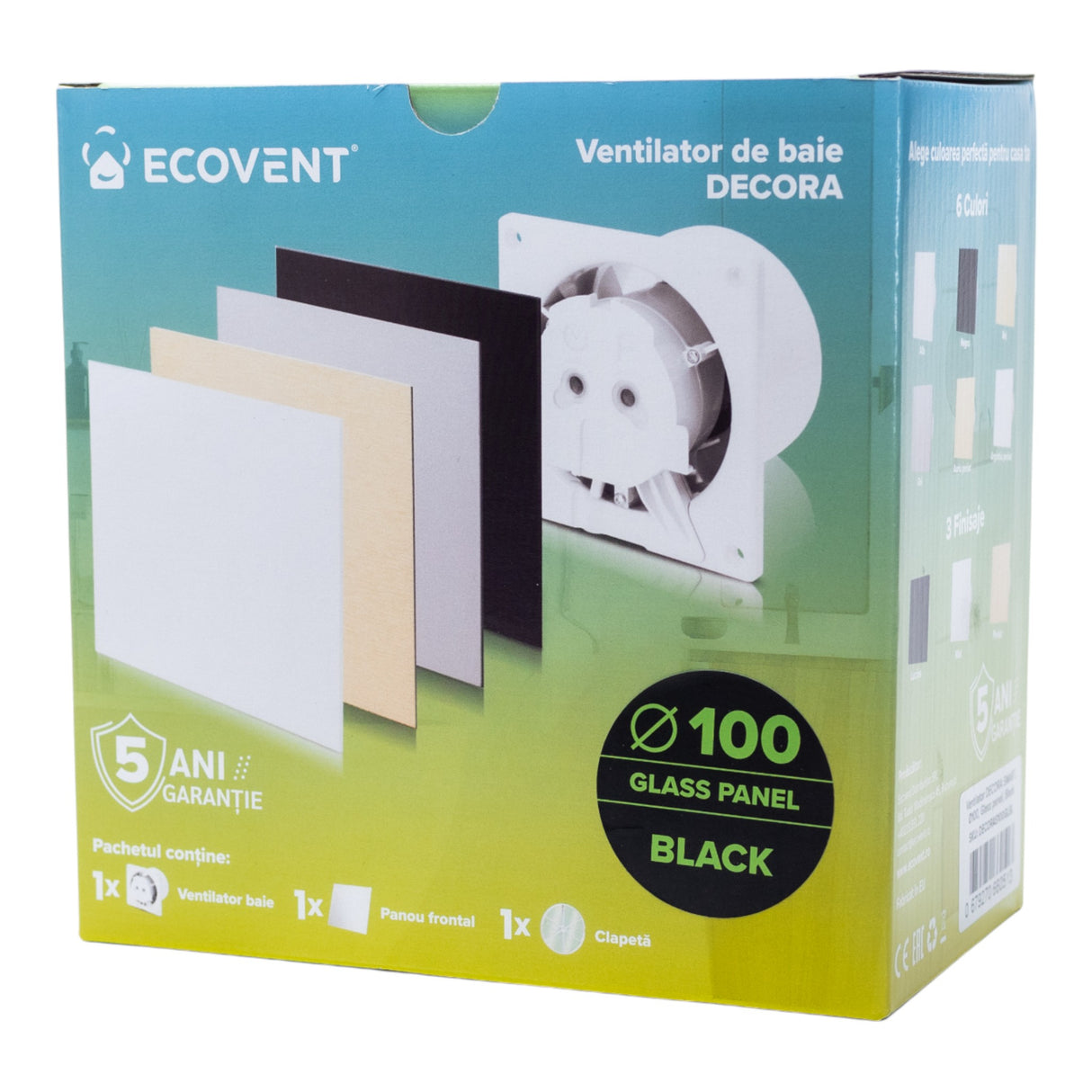 Ventilator de baie Ecovent DECORA SMART, Ø100, Super Silent, Senzor Umiditate, Timer, Panou sticlă, Clapetă antiretur, Debit 93 m3/h, Garanție 5 ani, Negru