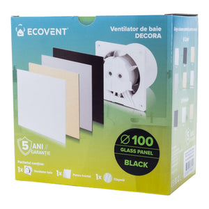 Ventilator de baie Ecovent DECORA SMART, Ø100, Super Silent, Senzor Umiditate, Timer, Panou sticlă, Clapetă antiretur, Debit 93 m3/h, Garanție 5 ani, Negru