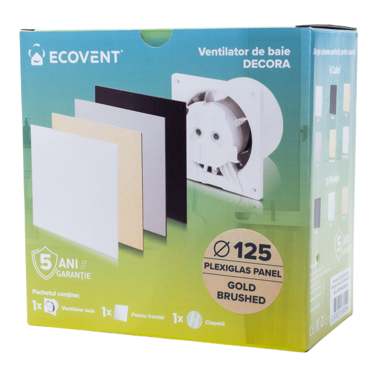 Ventilator de baie Ecovent DECORA, Ø125, Super Silent, Panou Plexiglas schimbabil, Clapetă antiretur, Debit 140 m3/h, Garanție 5 ani, Auriu Satinat
