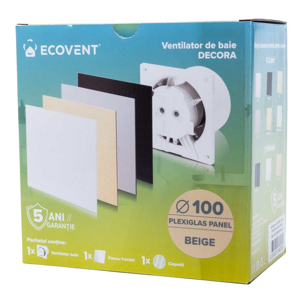 Ventilator de baie Ecovent DECORA, Ø100, Super Silent, Panou Plexiglas schimbabil, Clapeta antiretur, Debit 93 m3/h, Garanție 5 ani, Bej