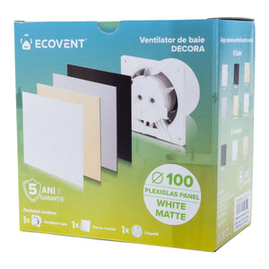 Ventilator de baie Ecovent DECORA, Ø100, Super Silent, Panou Plexiglas schimbabil, Clapeta antiretur, Debit 93 m3/h, Garanție 5 ani, Alb Mat