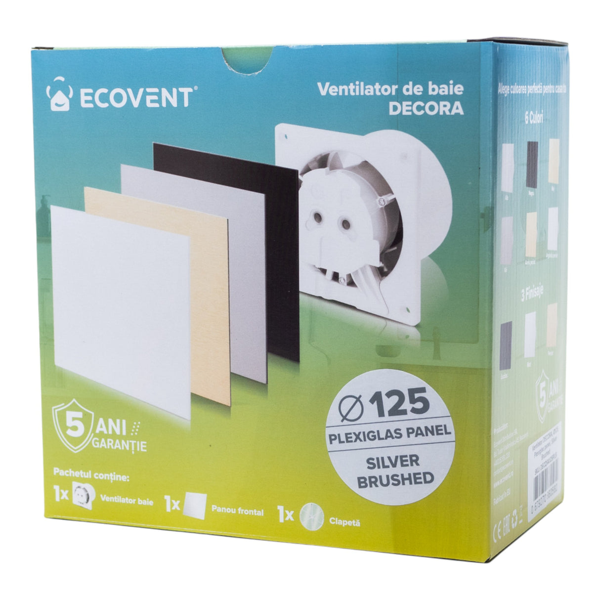 Ventilator de baie Ecovent DECORA, Ø125, Super Silent, Panou Plexiglas schimbabil, Clapetă antiretur, Debit 140 m3/h, Garanție 5 ani, Argintiu Satinat