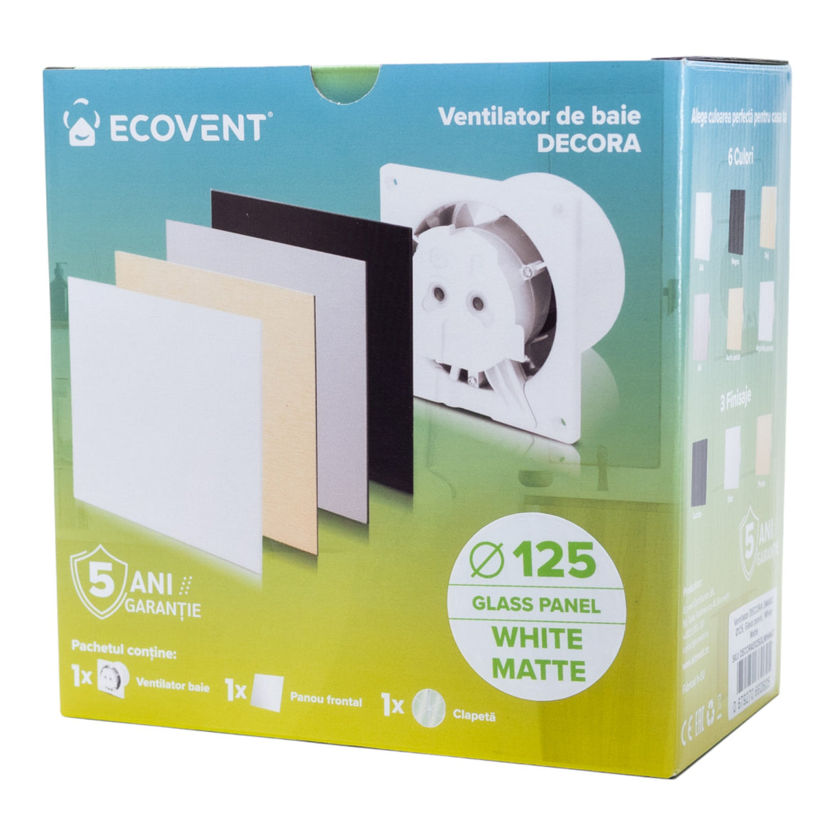 Ventilator de baie Ecovent DECORA SMART, Ø125, Super Silent, Senzor Umiditate, Timer, Panou sticlă, Clapetă antiretur, Debit 140 m3/h, Garanție 5 ani, Alb Mat