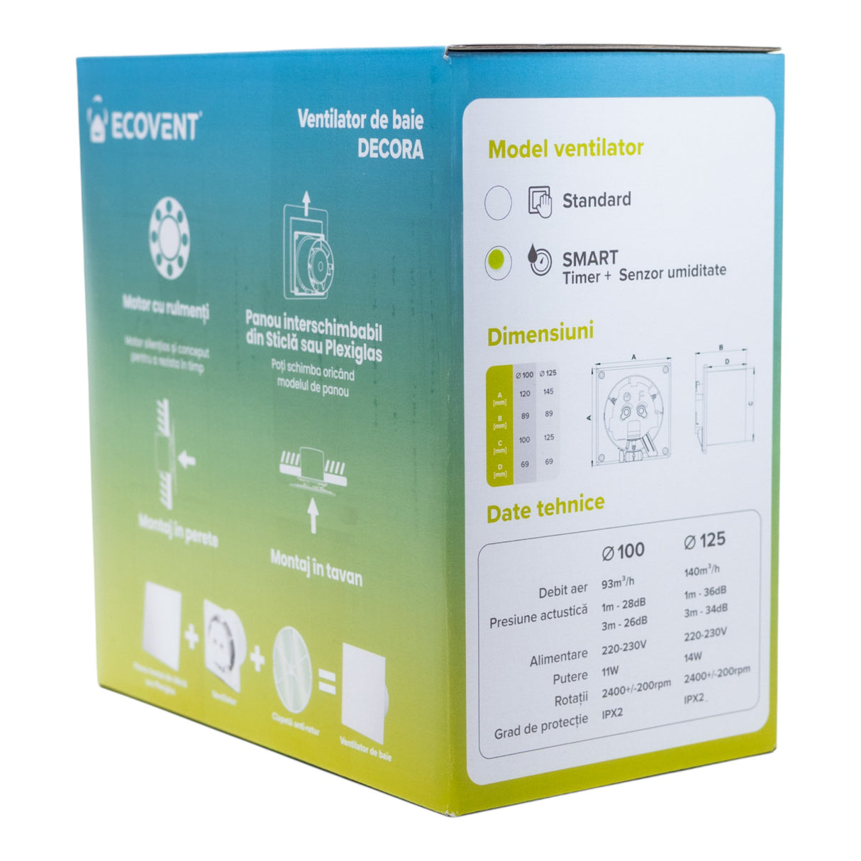 Ventilator de baie Ecovent DECORA SMART, Ø100, Super Silent, Senzor Umiditate, Timer, Panou sticlă, Clapeta antiretur, Debit 93 m3/h, Garanție 5 ani, Alb Mat